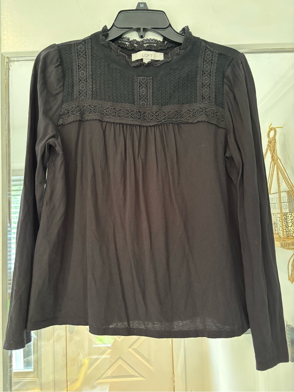 LOFT Black Lace-Yoke Long Sleeve Blouse